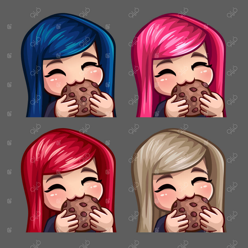 آیکون‌های احساسی: زن شاد با کوکی و موهای بلند برای شبکه‌های اجتماعی و برچسب‌ها