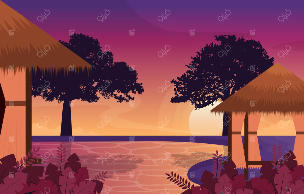 تصویری از غروب زیبا با چشم‌انداز کلبه‌های اقامتگاه و استخر شنا در بالی