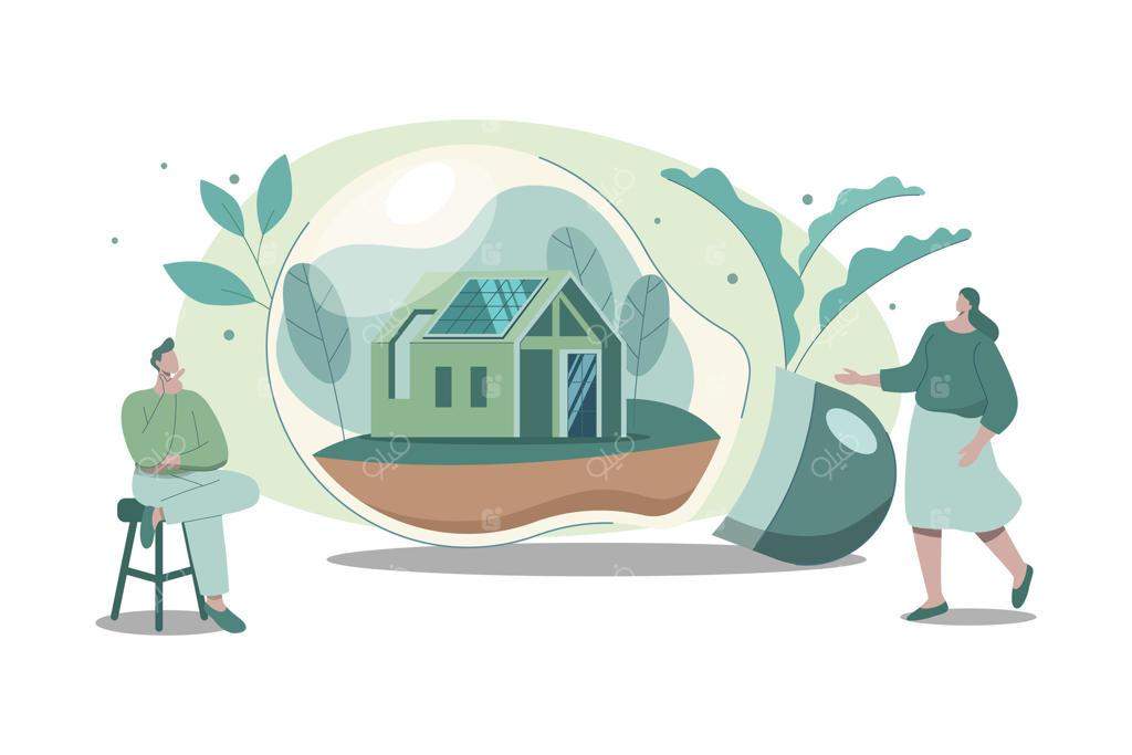 خانه هوشمند با انرژی طبیعی پایدار در یک لامپ، منبع تغذیه جایگزین، قدرت پاک و سبز از منابع تجدیدپذیر. طراحی وکتور.