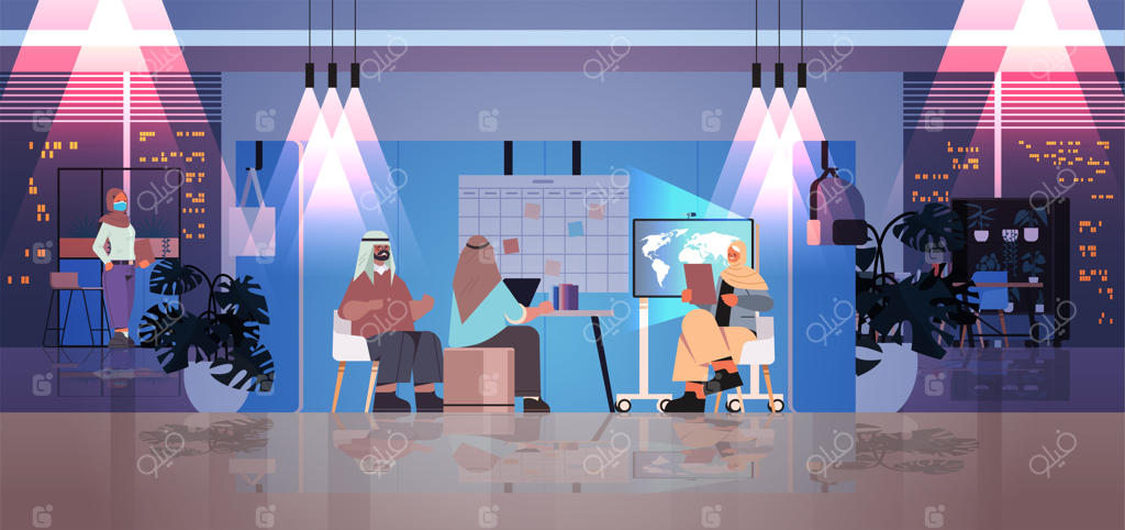 تاجرهای خسته عرب در حال همکاری در مرکز خلاقانه کار مشترک - مفهوم تیم‌ورک در دفتر شبانه