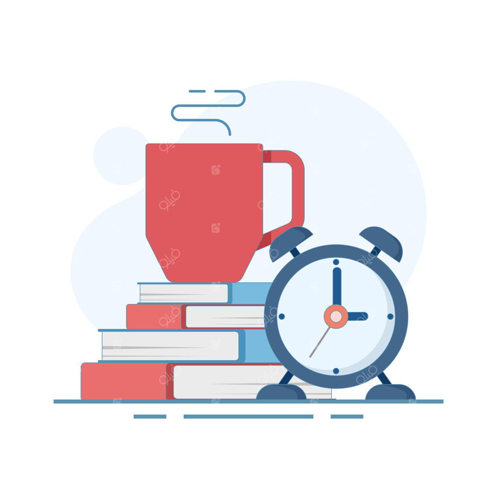 زمان استراحت: مفهوم ساعت و فنجان قهوه. وقت استراحت و نوشیدن قهوه برای آرامش و تجدید قوا از استرس طولانی و فرار از کسالت. طراحی ساده و زیبا.