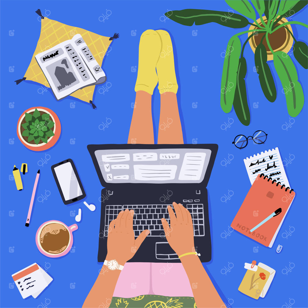 نمای بالای یک محل کار خانگی نقاشی‌شده با دست: شخصی که با لپ‌تاپ، لوازم اداری، برنامه‌های خانه و یک فنجان قهوه نشسته است.