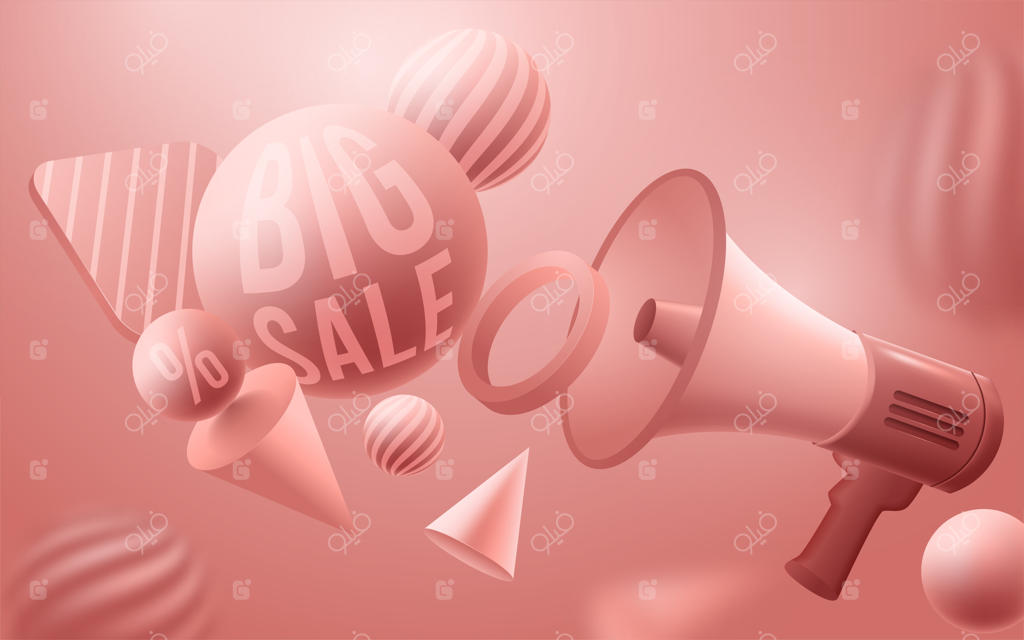 طراحی قالب بنر فروش، پس‌زمینه پاستلی زنده با اشکال سه‌بعدی آینده‌نگر. تصویرسازی