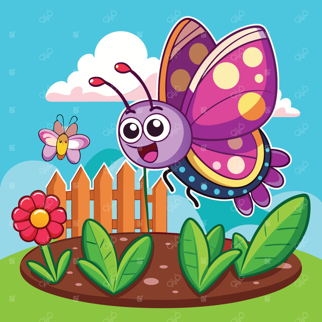 پروانه کارتونی در حال پرواز در باغی رنگارنگ و بهشتی