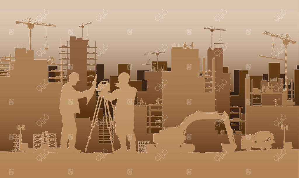 سایت ساختمانی با جرثقیل برجی و مهندس و کارگران - به سبک کاغذی بردار