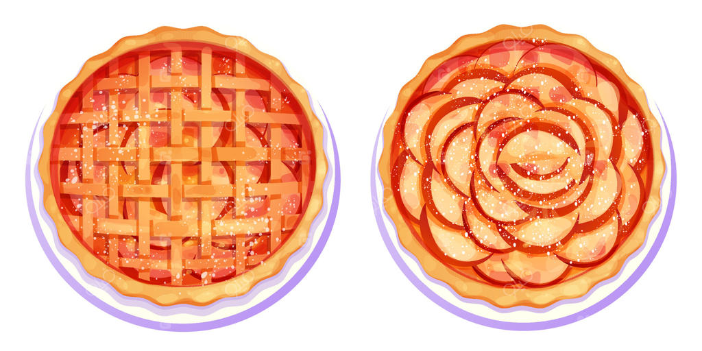 پای سیب خانگی روی بشقاب، شیرینی با پودر قند از نمای بالا، به سبک کارتونی، جدا شده بر روی پس‌زمینه سفید.