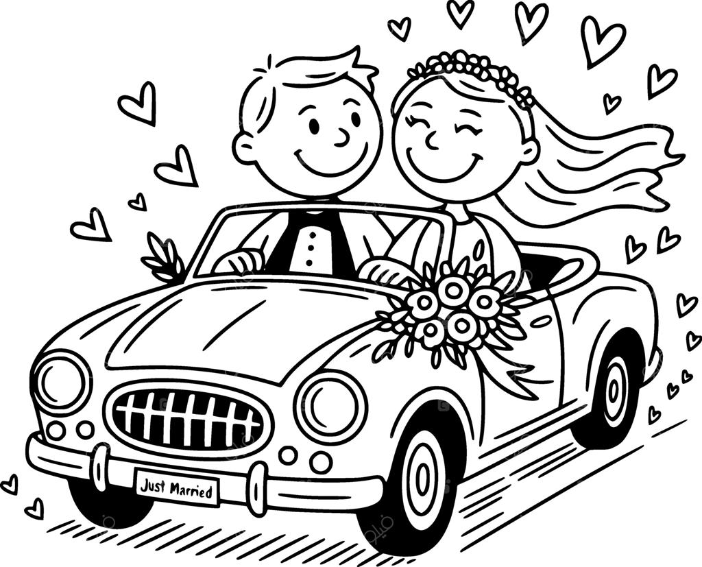 زوج‌ تازه عروس در حال رانندگی با ماشین کلاسیک "تازه ازدواج کرده"