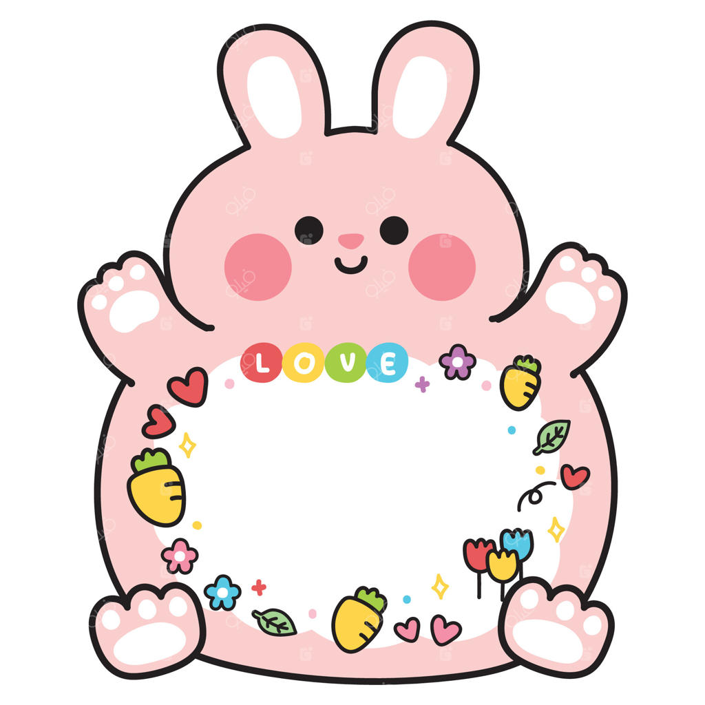 خرگوش بامزه و تپل با جعبه پیام برای نوشتن متن. قاب با آیکون‌های هویج، برگ، قلب و گل. تصویر برای استیکر، کاغذ یادداشت، تزئینات. کارتون حیوانات به سبک کاوایی. تصویرسازی