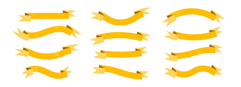 مجموعه بنر روبان زرد: کلکسیون روبان‌های خمیده و منحنی برای نشان، برچسب، تبلیغات، پوستر، ترفیع، قاب. بسته‌ای از عناصر برچسب موج‌دار طلایی قدیمی برای قالب طراحی گرافیکی.