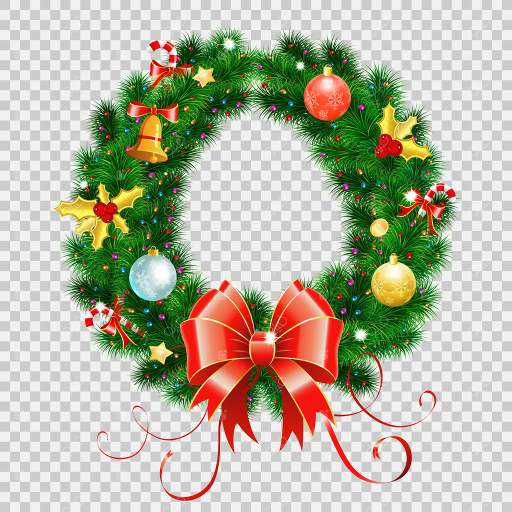 حلقه کریسمس تزئینی با روبان قرمز، آب‌نبات، توپ‌های رنگی و تزیینات کریسمس. روی زمینه شفاف