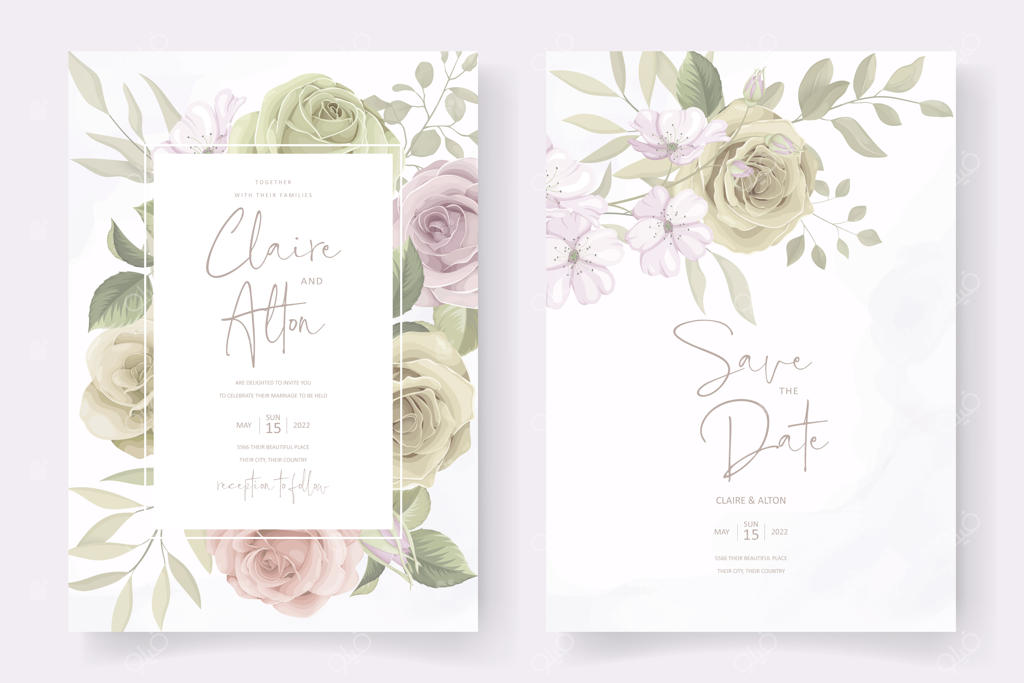 قالب کارت عروسی زیبا با طرح گل‌ رز شکفته‌شده