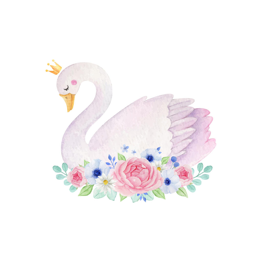 نقاشی آبرنگی قو بامزه با تاج و تزئین گل‌ها