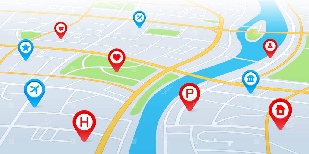 نقشه شهر با نمای پرسپکتیو: مسیر ناوبری GPS با نشانگرها و پین‌ها.