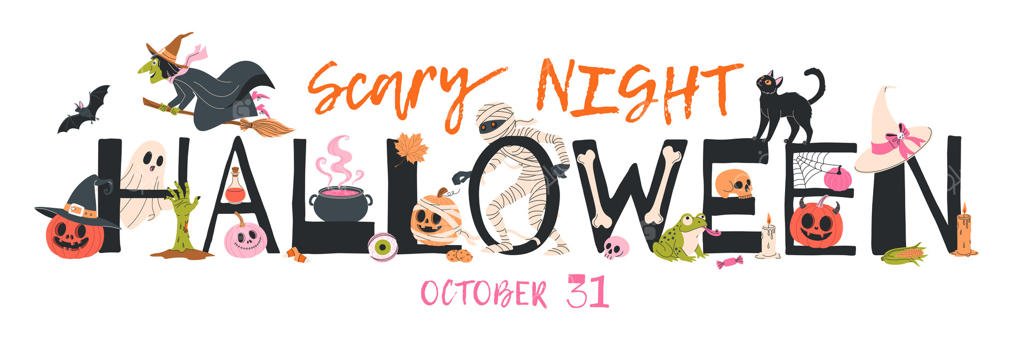 بنر افقی با حروف ترسناک و کلمه هالووین. جادوگر، روح، مومیایی، گربه سیاه، کدو تنبل، خفاش‌ها و عناصر جشنواره‌ای. مناسب برای قاشق‌زنی، دعوت‌نامه‌های مهمانی، طراحی وب و تبلیغات