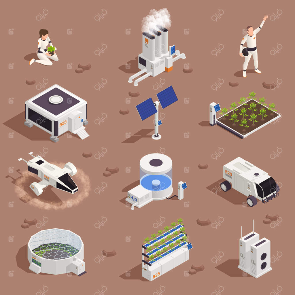مجموعه ایزومتریک استعمار فضایی و تغییر اقلیم با سازه‌های فرازمینی، نیروگاه‌ها، باغچه‌ها، مردم و وسایل نقلیه – تصویر برداری وکتور