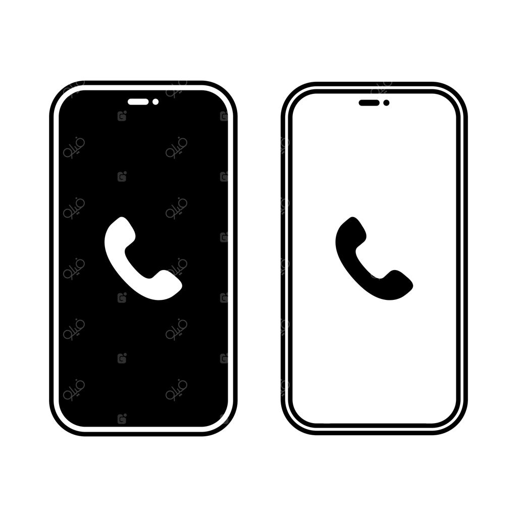 آیکون‌های سیاه و سفید تماس و مخاطبین روی صفحه گوشی و نماد تلفن در حال زنگ خوردن