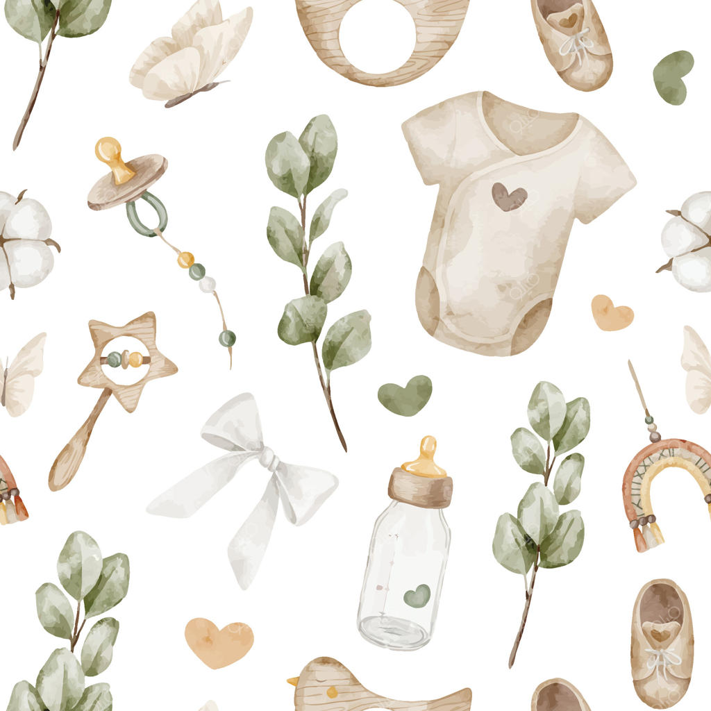 پترن آبرنگی یکپارچه با لباس نوزاد، برگ‌های اکالیپتوس، قلب‌ها، روبان‌ها و اسباب‌بازی‌ها. تصویر پس‌زمینه با شیشه‌شیر و پستانک برای طراحی جشن سیسمونی یا کاغذ کادوی کودکانه