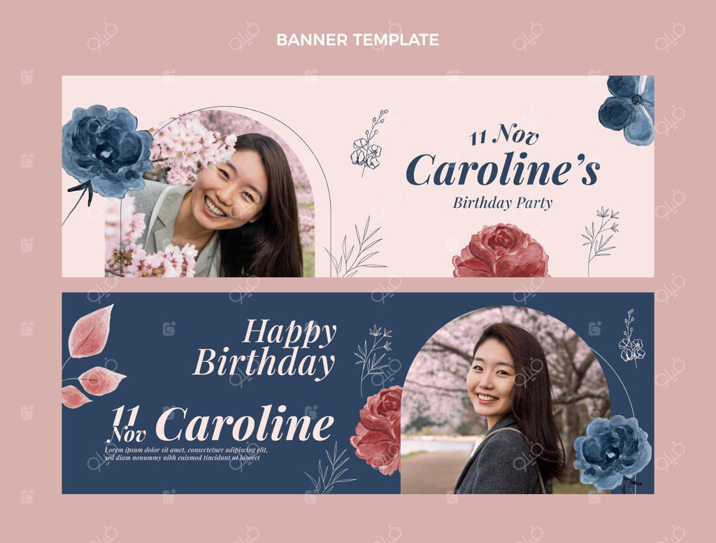 بنرهای تولد افقی با نقاشی آبرنگ