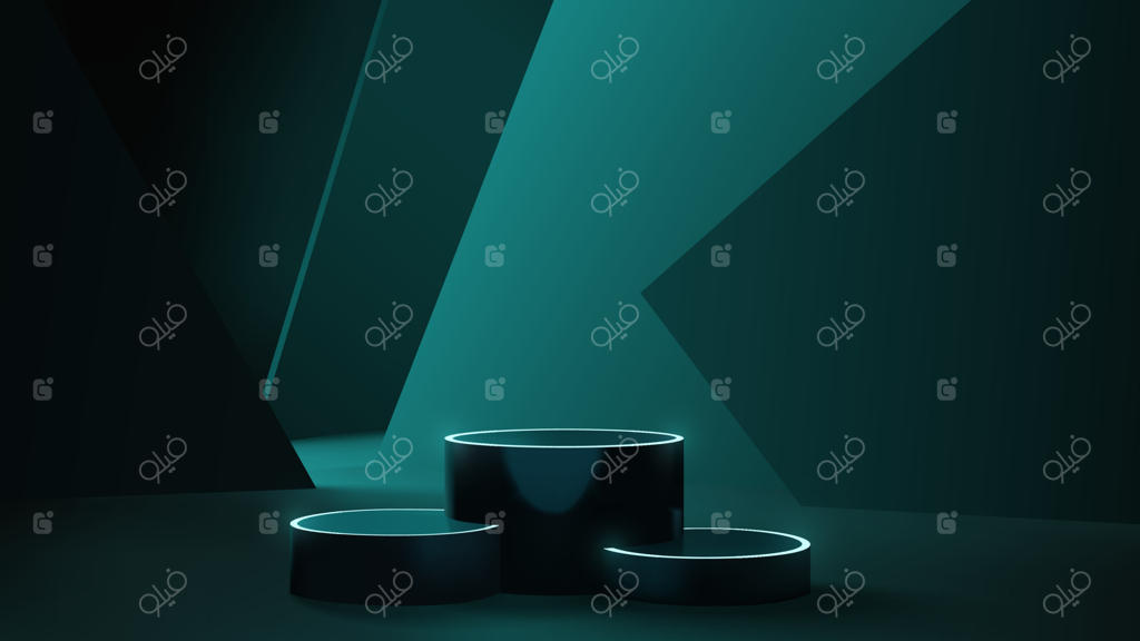 قالب صحنه‌ی مدرن نئون آینده‌نگر برای ارائه محصول با پس‌زمینه‌ی هندسی انتزاعی و مدل واقعی پایه و سکو وکتور