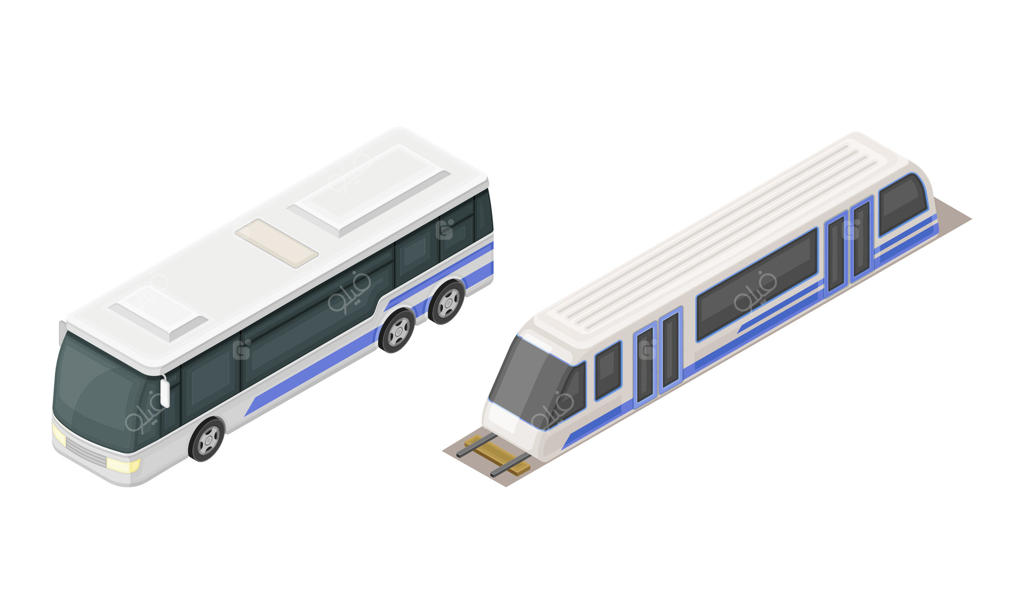 تصویر ایزومتریک قطار مترو و اتوبوس در حمل و نقل عمومی