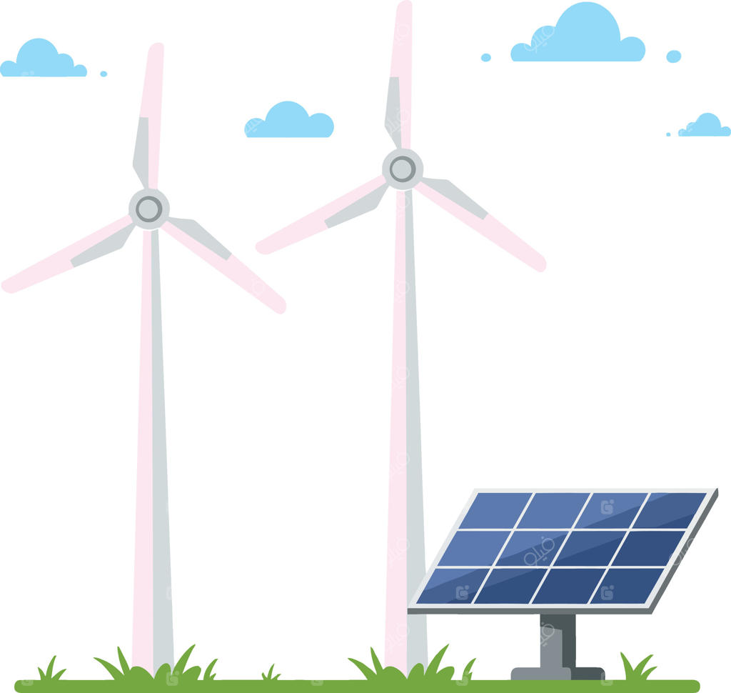 دو توربین بادی سفید و یک پنل خورشیدی در یک دشت سبز زیر آسمان آبی، به صورت تصاویر مسطح