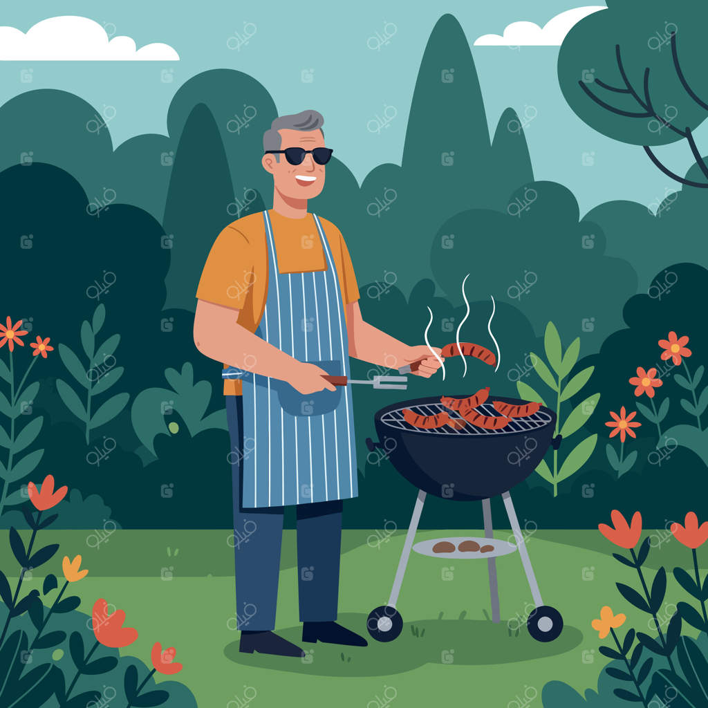تصویری از مردی که در روز آفتابی در باغ گوشت کباب می‌کند