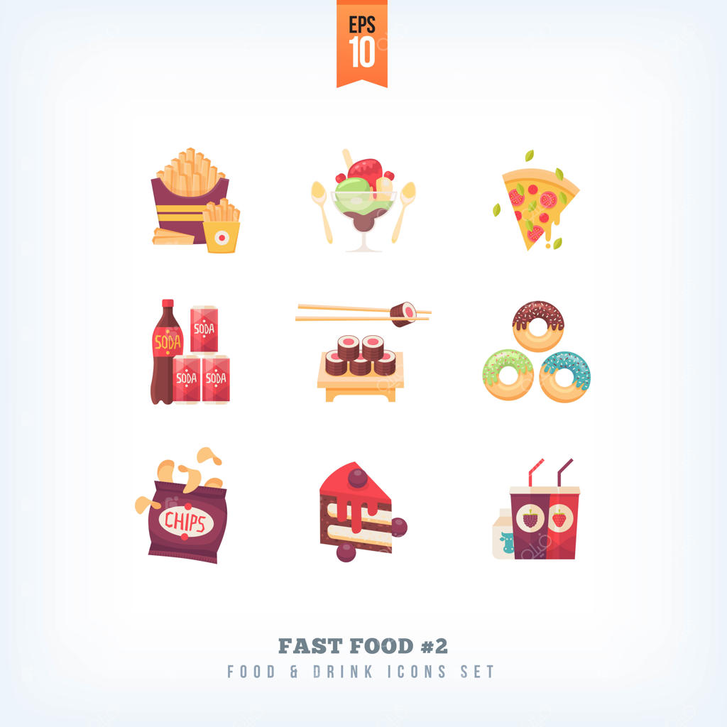 مجموعه‌ای از آیکون‌های فست‌فود بر روی زمینه سفید