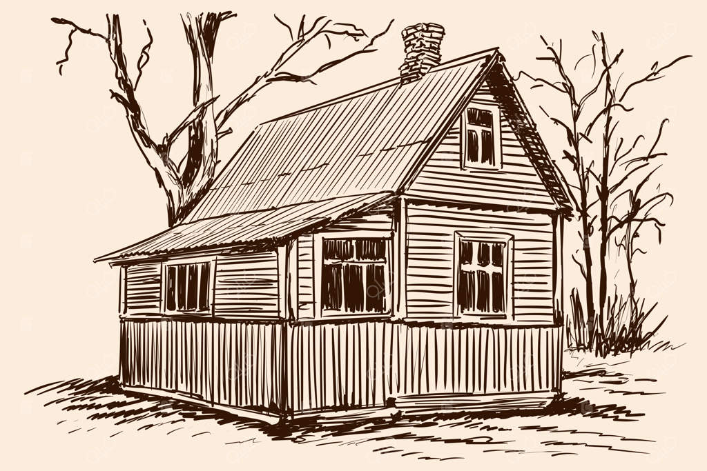 طرح دستی روی پس‌زمینه بژ. خانه چوبی قدیمی و درختی در نزدیکی ساختمان.