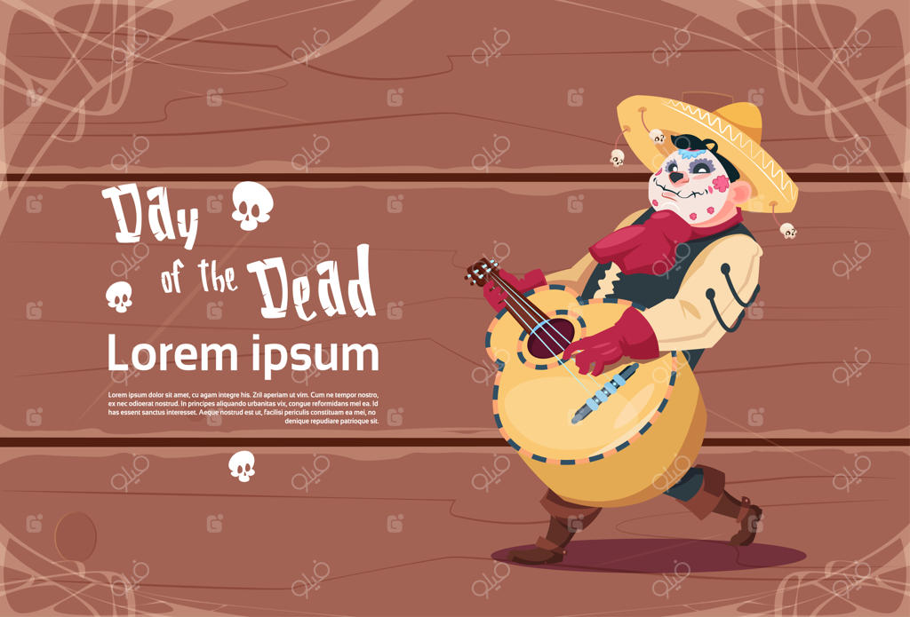 بنر دعوت به جشن و تزئینات سنتی روز مردگان مکزیکی - هالووین: اسکلت گیتار زن