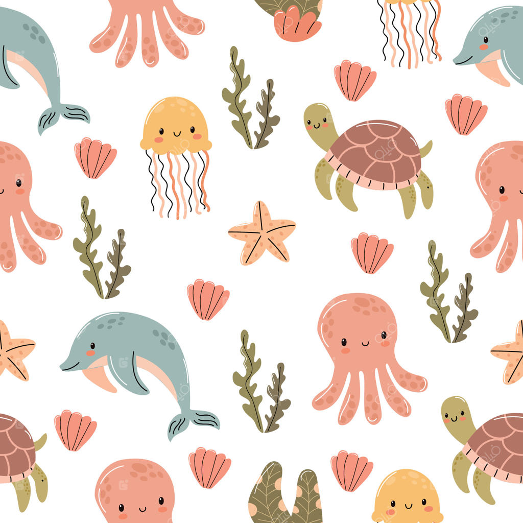پترن رنگارنگ با تم دریایی شامل دلفین‌ها، هشت‌پاها، عروس‌های دریایی، لاک‌پشت‌ها، صدف‌ها و جلبک‌های دریایی روی زمینه سفید.