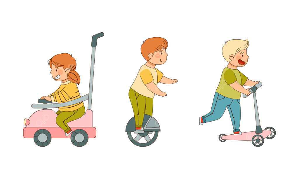 مجموعه تصویر پسر و دختربچه در حال رانندگی با ماشین و اسکیت‌بورد و لذت بردن از فعالیت‌های بیرون از خانه