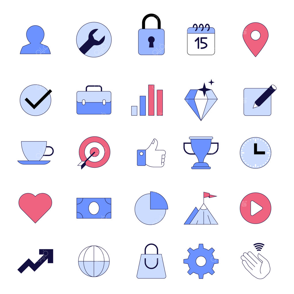 مجموعه آیکون‌های وکتور خطی و رنگی با مفاهیم توسعه کسب‌ و کار، استراتژی موفقیت، بهینه‌سازی، هدف‌گذاری و رشد سود برای قالب رابط کاربری وب‌سایت