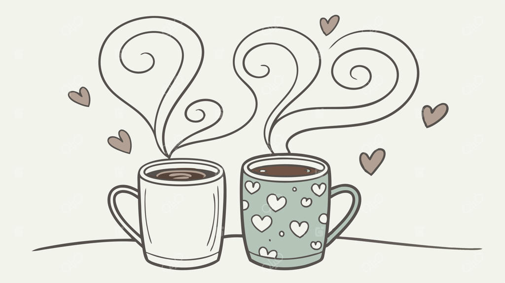دو فنجان قهوه دنج در کنار هم با بخاری که به شکل قلب در می‌آید. پس‌زمینه تار فضای زیادی برای نوشتن پیام فراهم می‌کند.