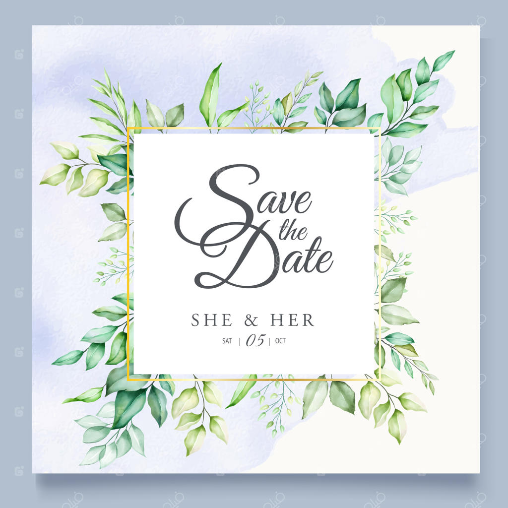 پترن کارت عروسی با طراحی برگ‌های سبز آبرنگی زیبا