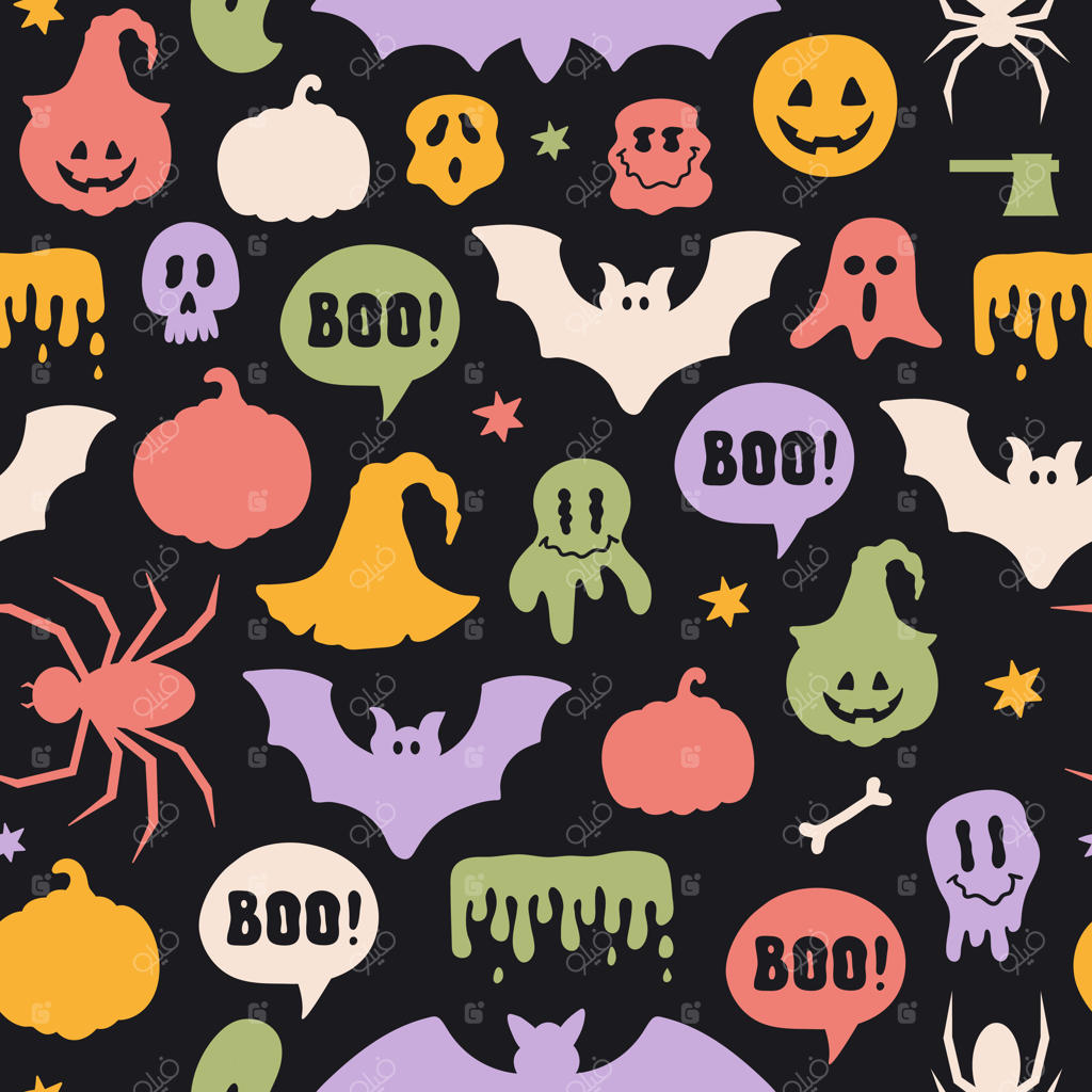 الگوی رنگارنگ و یکدست با عناصر هالووین بر روی پس‌زمینه‌ای مشکی.