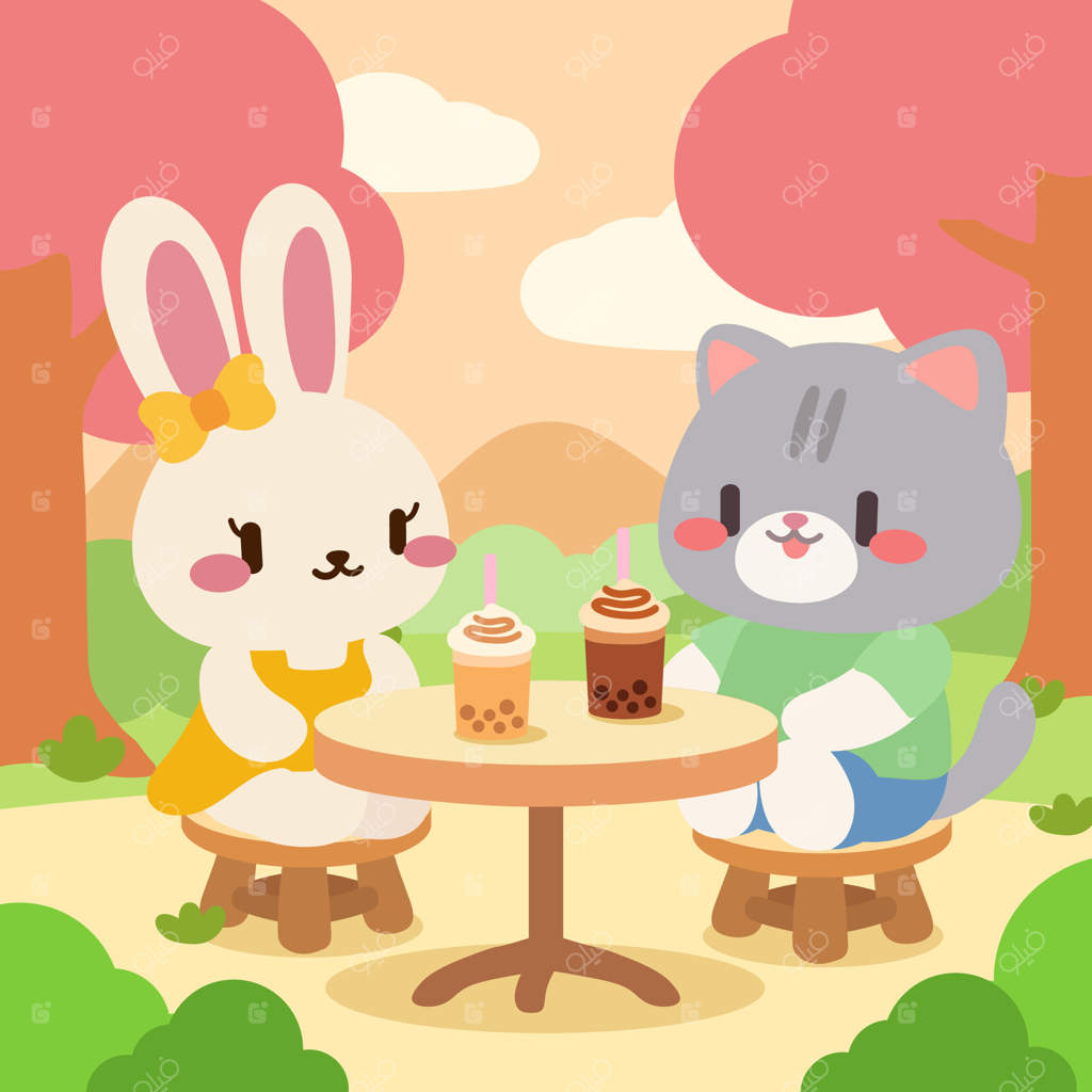 خرگوش بامزه و گربه کیوایی با هم در پارک چای حبابی می‌خورند. لذت بردن خرگوش و گربه کیوایی از نوشیدنی بوبا در باغ دیدنی.