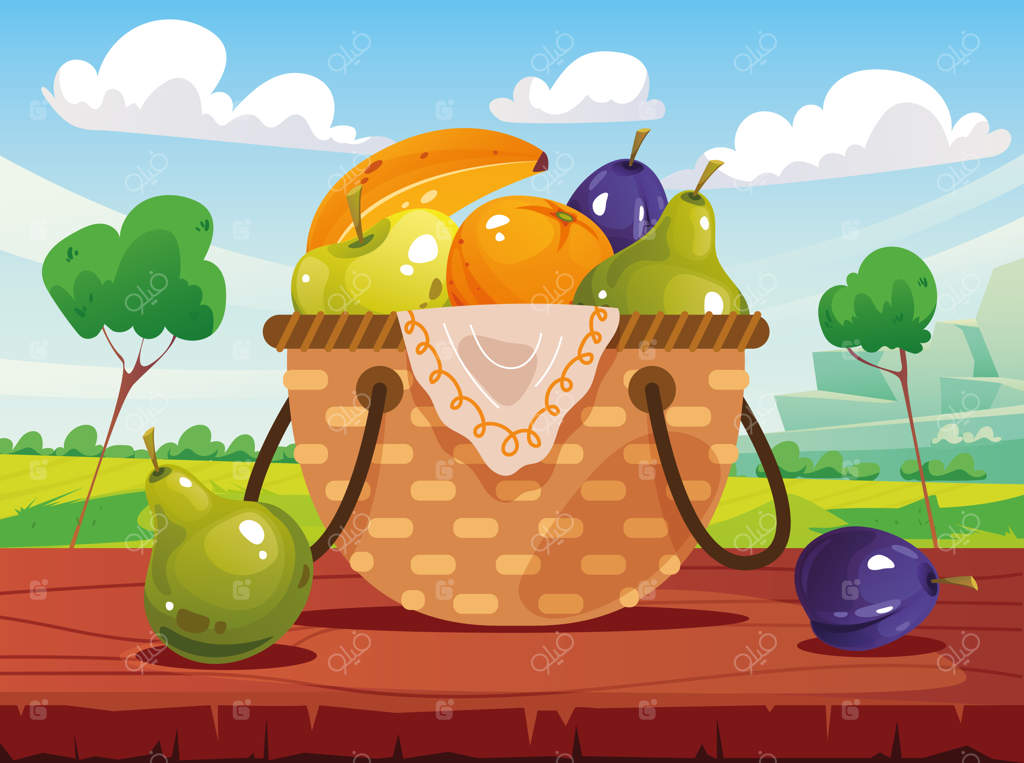 سبد میوه در مناظر جنگلی: پیکنیک با طراحی گرافیکی تخت
