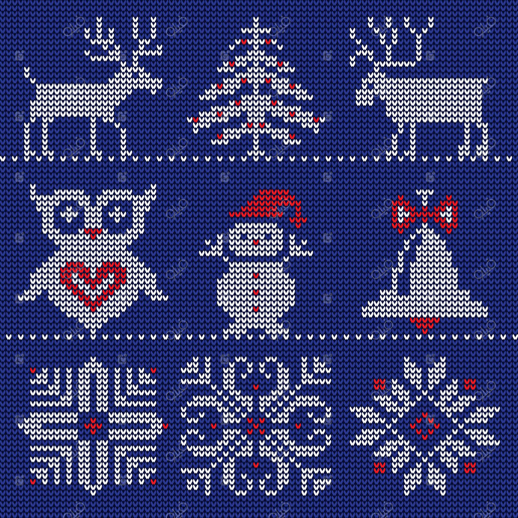 ژاکت لوگودار بافتنی: سمبل‌های دوخته‌شده روی پارچه وایکون‌های متنی بافتنی زمستانی برای کریسمس طراحی شده است.