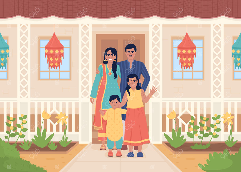 خانواده در حال استقبال از مهمانان در ایوان جلویی - تصویر وکتور با رنگ تخت