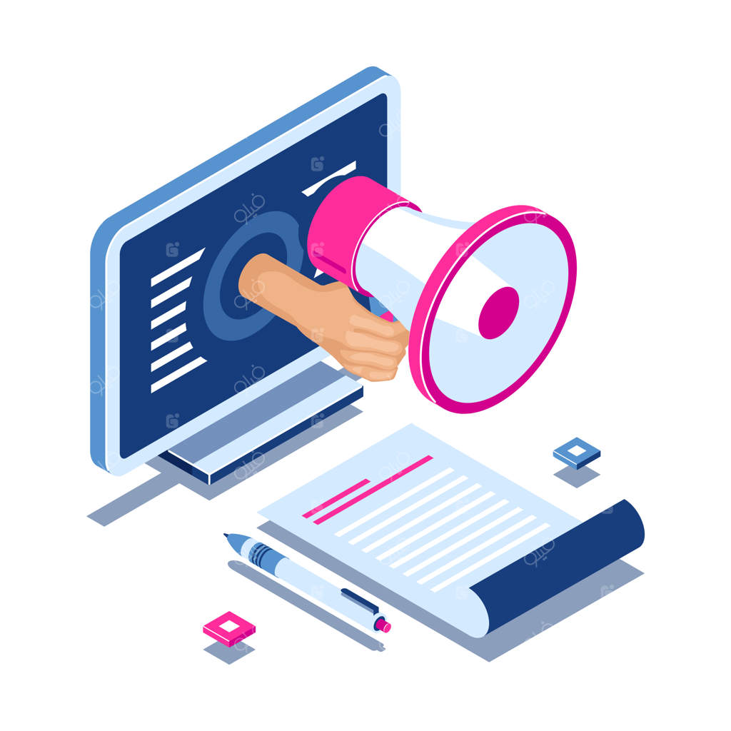مفهوم تبلیغات اینترنتی به‌صورت ایزومتریک: دستی با بلندگو از صفحه نمایش لپ‌تاپ
