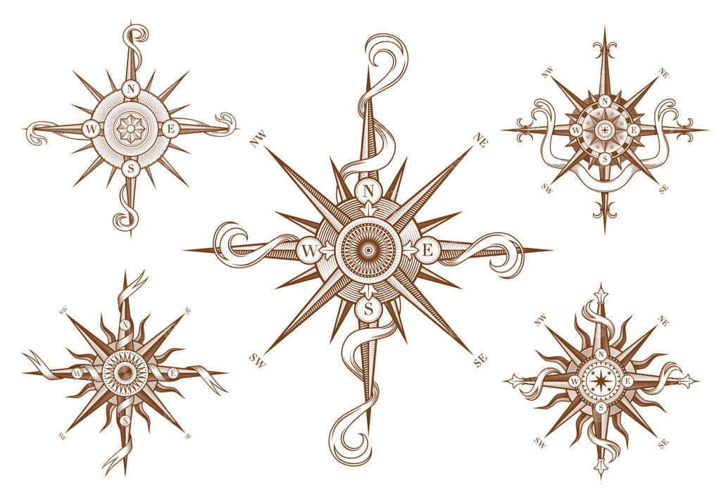 قطب‌نمای گل رز عتیقه با روبان‌های قرون وسطایی