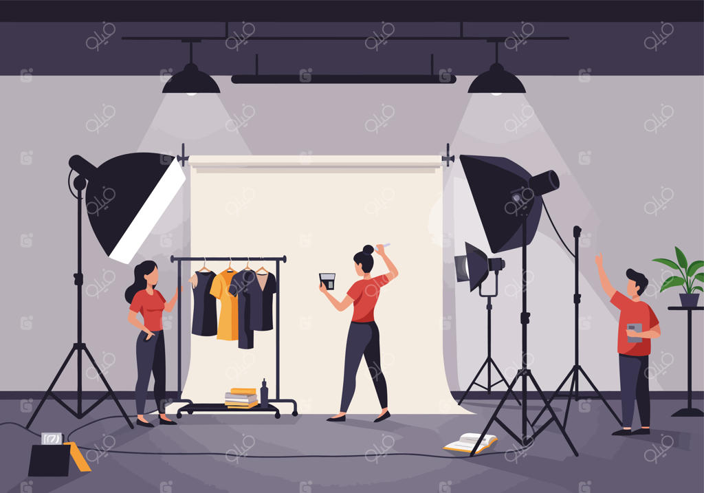 چیدمان آتلیه عکاسی با مدل‌ها و تجهیزات