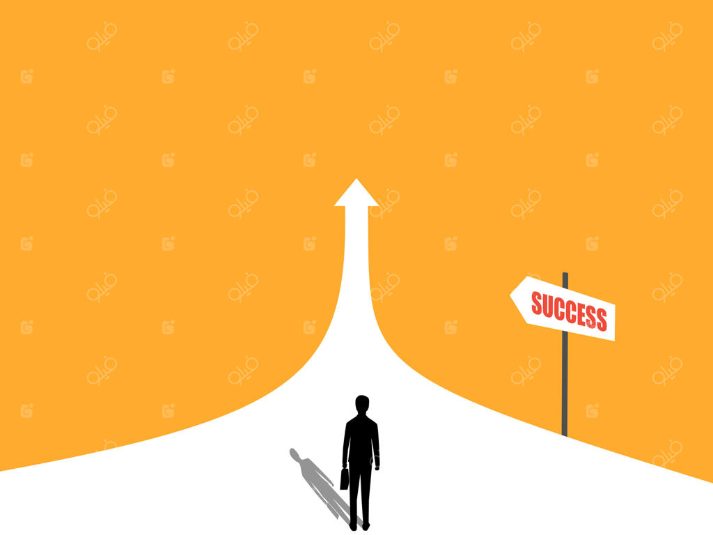 تاجر در مسیر موفقیت با نشانه‌ای که به سوی کامیابی اشاره می‌کند