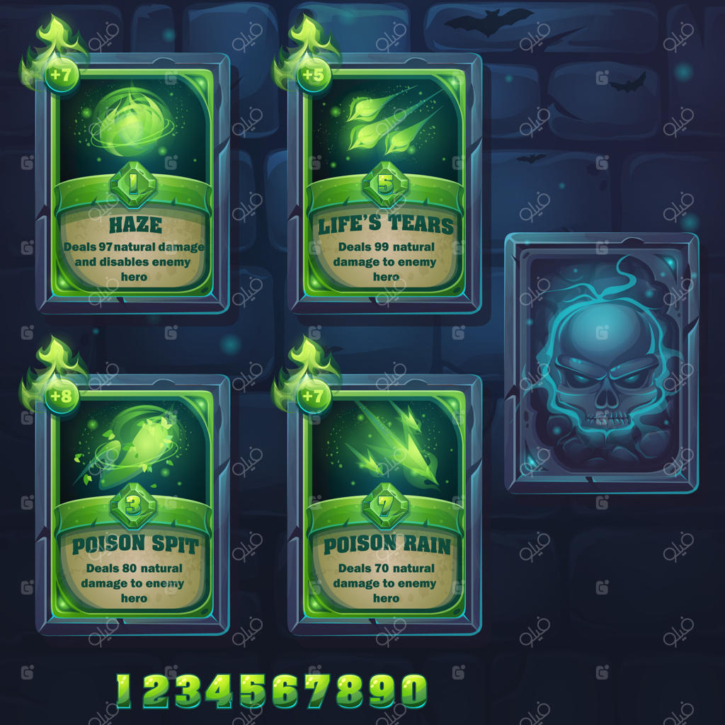 طراحی کارت‌های جادویی: هاله، اشک زندگی، تف زهر، باران سمی برای بازی‌ها و رابط کاربری