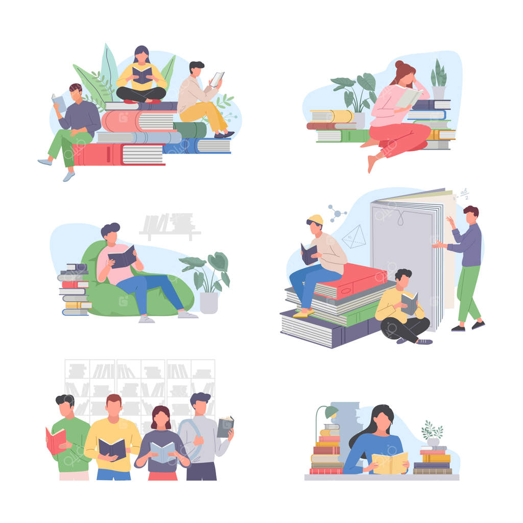 خواندن افراد: دانشجویان با کتاب‌ها در فرایندهای آموزشی کتابخانه (تصاویر مفهومی وکتور)