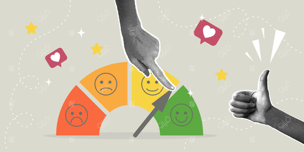 کلاژ مدرن هافتون: سنجش رضایت مشتری. مفهوم بازخورد مشتری، ارزیابی مشتری و بهبود کیفیت. دستی که نشانگر را به سمت امتیاز بالا حرکت می‌دهد و نشانگر عالی را نشان می‌دهد.