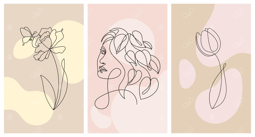 پرتره‌ی یک زن و گل‌ها: مجموعه پوستر، طراحی خطی با خطوط سیاه روی زمینه‌ی رنگی پاستلی‌شکل抽