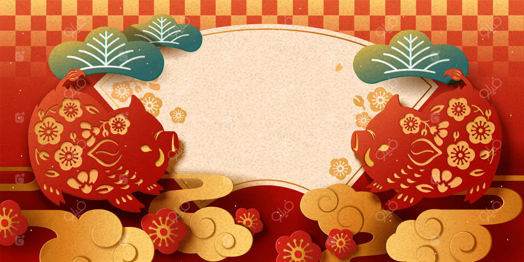 بنر سال نو ژاپنی مبارک با طرح بریده‌شده از کاغذ خوکچه