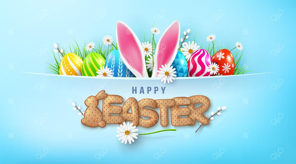 قالب کارت عید پاک با تخم‌مرغ‌های رنگی و خرگوش بامزه و حروف بسکویتی روی پس‌زمینه سبز روشن.