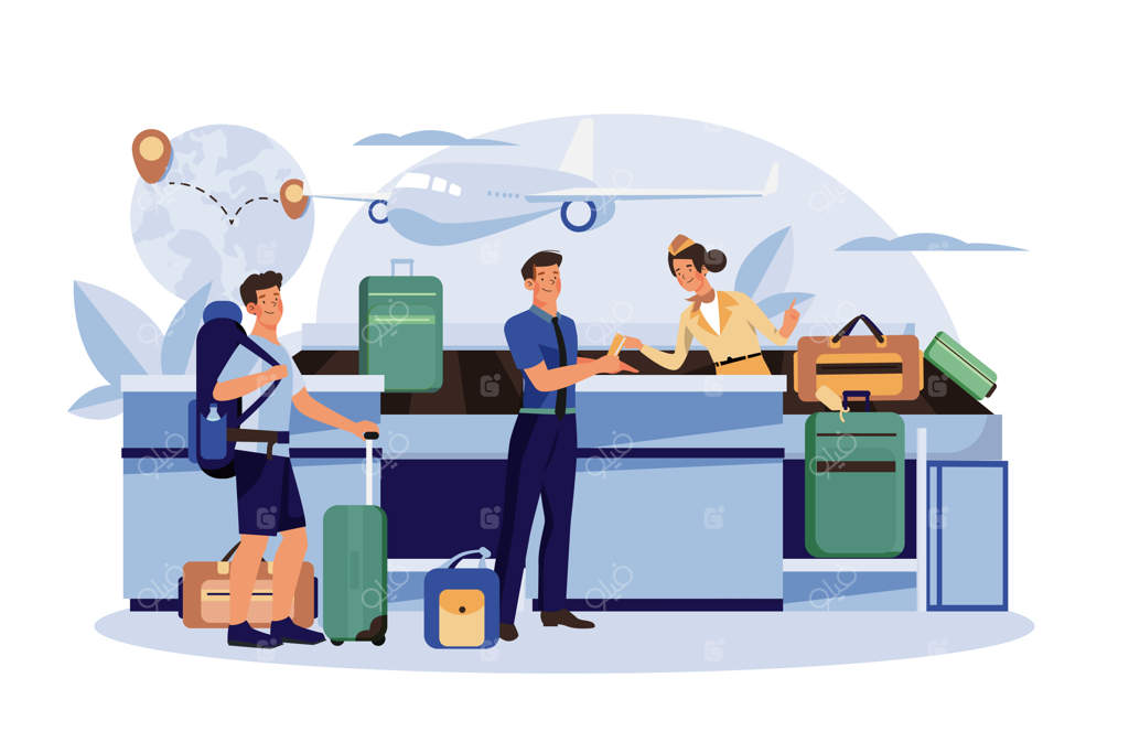 مهماندار مسافر را راهنمایی می‌کند تا در پیشخوان فرودگاه چک‌این کند.